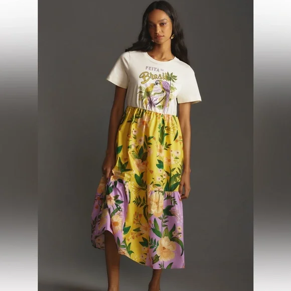 Farm Rio 100% Cotton Tiered Maxi Shirt Dress yellow floral motif Large Petite - Picture 1 of 16